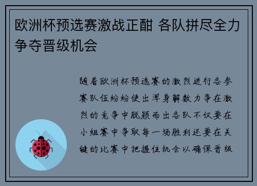 欧洲杯预选赛激战正酣 各队拼尽全力争夺晋级机会