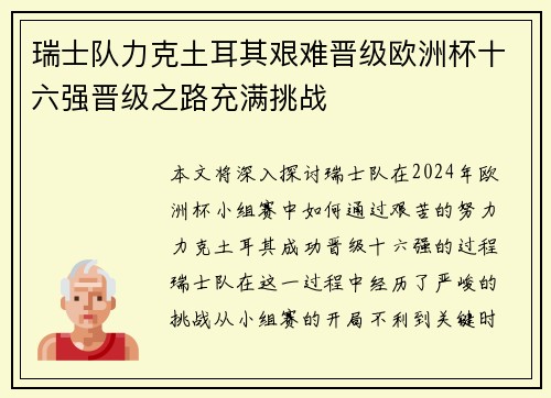 瑞士队力克土耳其艰难晋级欧洲杯十六强晋级之路充满挑战