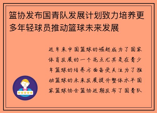 篮协发布国青队发展计划致力培养更多年轻球员推动篮球未来发展