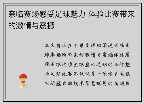 亲临赛场感受足球魅力 体验比赛带来的激情与震撼