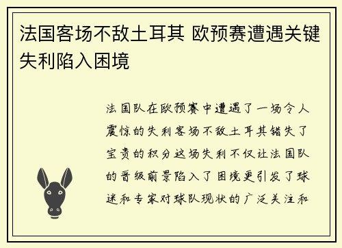 法国客场不敌土耳其 欧预赛遭遇关键失利陷入困境
