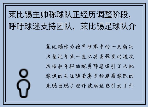 莱比锡主帅称球队正经历调整阶段，呼吁球迷支持团队，莱比锡足球队介绍