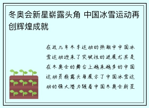 冬奥会新星崭露头角 中国冰雪运动再创辉煌成就
