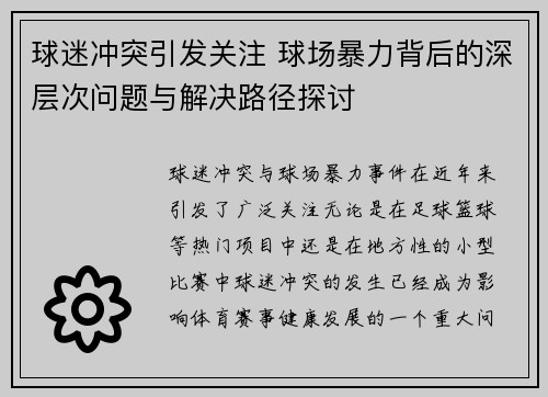 球迷冲突引发关注 球场暴力背后的深层次问题与解决路径探讨