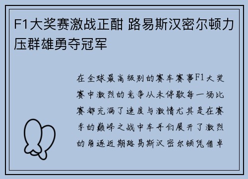F1大奖赛激战正酣 路易斯汉密尔顿力压群雄勇夺冠军