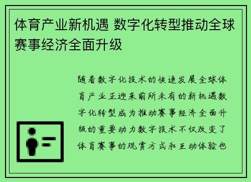 体育产业新机遇 数字化转型推动全球赛事经济全面升级