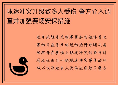 球迷冲突升级致多人受伤 警方介入调查并加强赛场安保措施