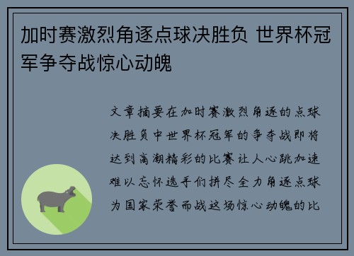 加时赛激烈角逐点球决胜负 世界杯冠军争夺战惊心动魄